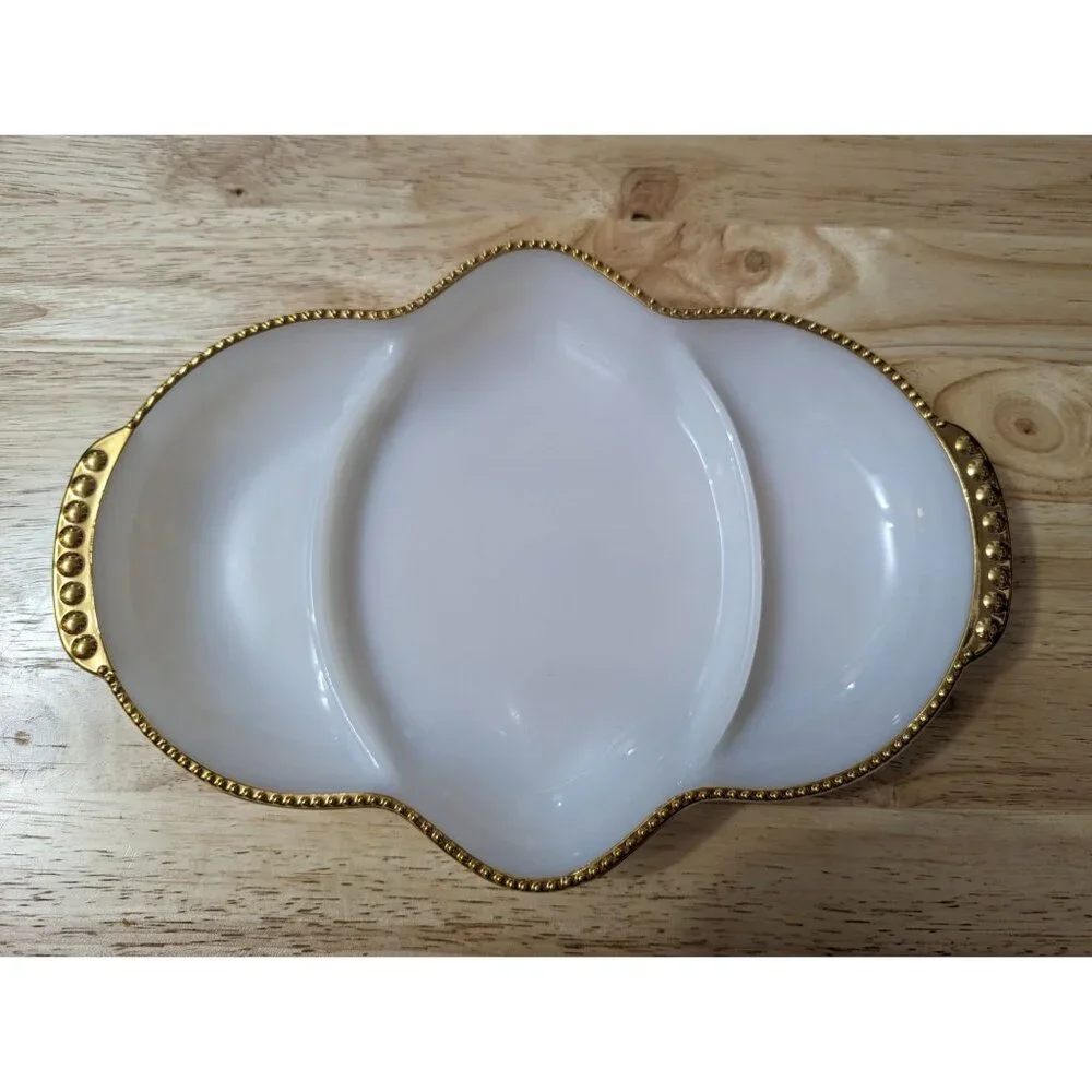 Fire King Milk Glass Divided relish tray gold‎ tone hobnail rim 11x8 inch